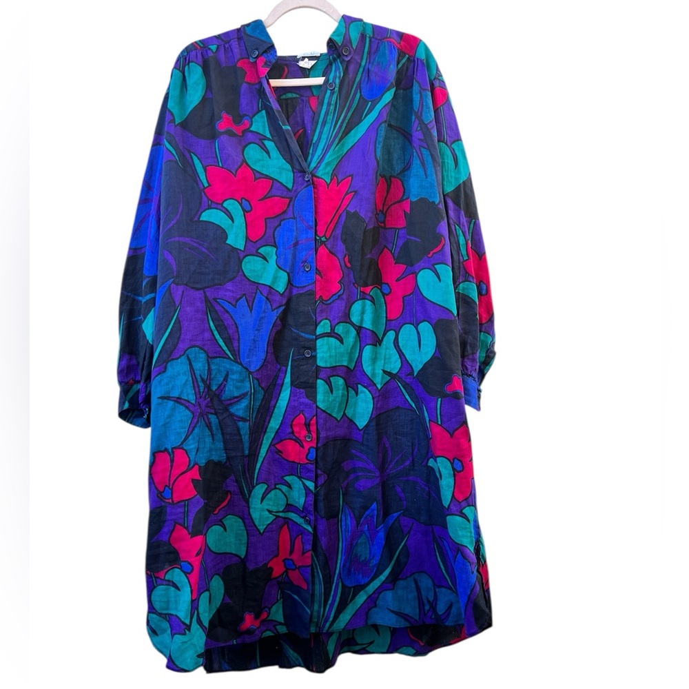 Vintage Basile 100% Flax Multicolor Floral Shift‎ Midi Dress Made in Italy sz 40